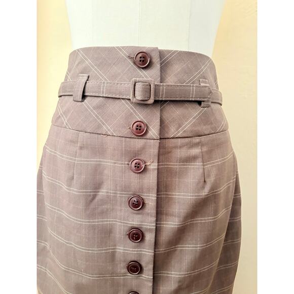 Twentyone Plaid Button Front Belted Pencil Skirt Brown High Waist L (JR) - Picture 2 of 7